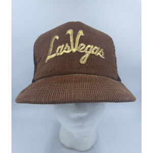 Vtg Trucker Hat Brown Corduroy Las Vegas Mesh SnapBack Baseball Cap READ
